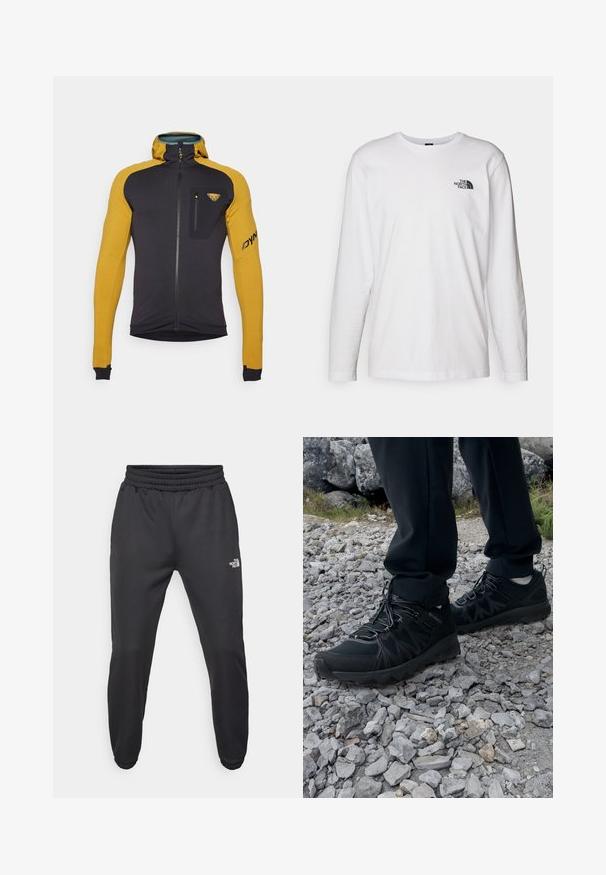 Dynafit RADICAL - Trainingsjacke - tobacco; Weißes langärmliges T-Shirt aus Baumwolle mit Rundhalsausschnitt. Verfügt über ein kleines schwarzes Logo auf der Brust. Glatte Textur, reguläre Passform.; Schwarze Jogginghose mit verstellbarem Bund, schlanker Passform, elastischen Bündchen und einem kleinen weißen Logo am linken Oberschenkel, hergestellt aus glattem Stoff.; Schwarze Outdoor-Schuhe aus Mesh und synthetischem Material, mit einer strukturierten Oberseite, gesichertem Schnürsystem und griffiger Laufsohle, auf felsigem Gelände.