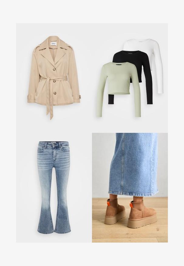 Beige trench coat with a notched collar, button closure, and belt at the waist. Features two front pockets and buttoned cuffs. Smooth texture.; Even&Odd Petite 3 PACK - Long sleeved top - black/white/light green; Light blue flared jeans made of denim, featuring a classic five-pocket design, front zip closure, and subtle fading along the thighs.; Brown suede platform boots with elastic side panels and orange pull tabs, paired with a knee-length light denim skirt on a wooden floor.