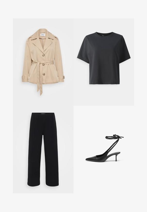 Beige trenchcoat med klappet krage, knappeåpning og belte i midjen. Har to frontlommer og knappeermer. Glatt tekstur.; Svart bomull T-skjorte, korte ermer, rund hals, avslappet passform, jevn tekstur, enkel design, ingen mønstre eller aksenter.; Svart bukser med vid benvidde og elastisk midjebånd. Laget av et strukturert materiale, med en løs passform og rett snitt fra hoftene til sømmen.; Sorte lær stiletto-sko med spiss tå, åpen bakdel og ankelremmer knyttet i sløyfe. Tynn 3-tommers hæl. Glatt tekstur, minimalistisk design.