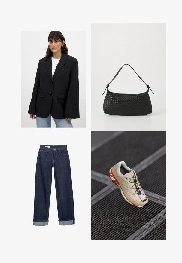 Ženska nosi prevelik črn blazer z širokimi rokavi čez belo majico in svetlo modre kavbojke, stoji pred enobarvno ozadjem.; Asimetrična črna majica iz gladkega materiala, ki ima nabran dizajn s poudarkom iz zlatotone kovine na eni strani.; Temno modri kavbojki z širokim krojem, ki imajo zložen rob in klasičen pet-pocket stil. Dopolnjeni z zlatimi šivi.; Bežni tekaški čevelj z oranžnimi detajli, zasnovan z teksturiranim zgornjim delom, črnim podplatom in integriranimi vezalkami. Ima GORE-TEX oznako.; Črna tkana torba za ramo s gladkim usnjenim trakom in zadrgo. Ima teksturirano površino in ukrivljeno obliko.