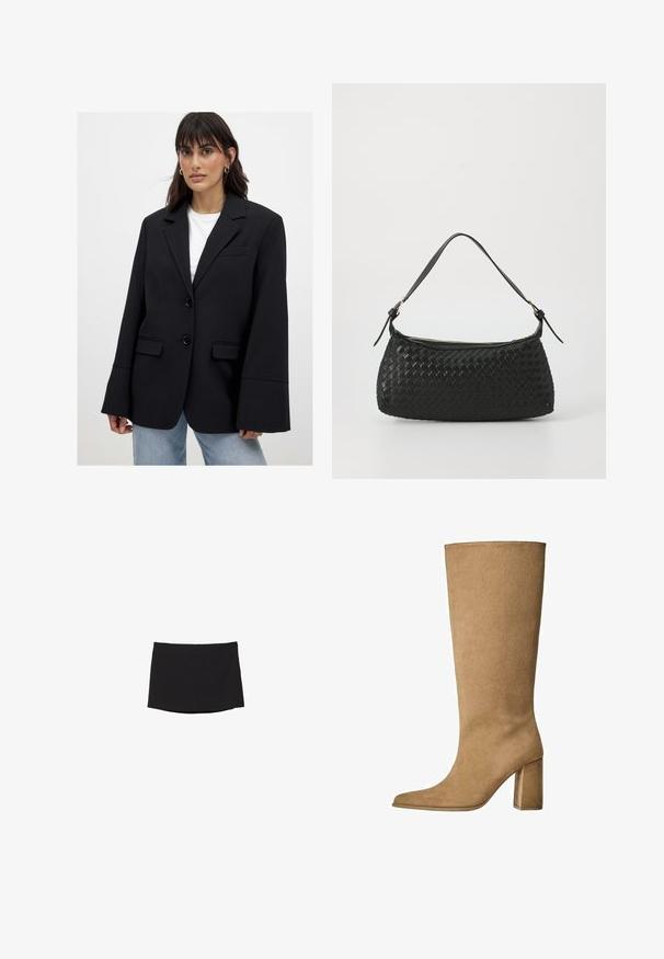 Nainen, joka on pukeutunut ylisuurta mustaa bleiseriä leveillä hihoilla valkoisen paidan ja vaaleansinisten farkkujen päällä, seisoo tasaisen taustan edessä.; Musta pitkähihaista paita, jossa on teksturoitu, avoin neulekuvio, leveä pyöreä pääntie ja solmittava suljenta takana.; Musta minihame, joka on valmistettu sileästä, joustavasta kankaasta; siinä on suora leikkaus, huomaamaton helma ja ei näkyviä kiinnittimiä tai kuvioita.; Vaaleanruskeat mokka pitkävartiset saappaat, joissa on loiva korko, terävä kärki ja sileä pinta. Minimalistinen muotoilu ilman koristeita.; Mustan kudotun olkalaukun, jossa on sileä nahkahihna ja vetoketjukiinnitys. Mahdollistaa teksturoituneen pinnan ja kaarevan muodon.