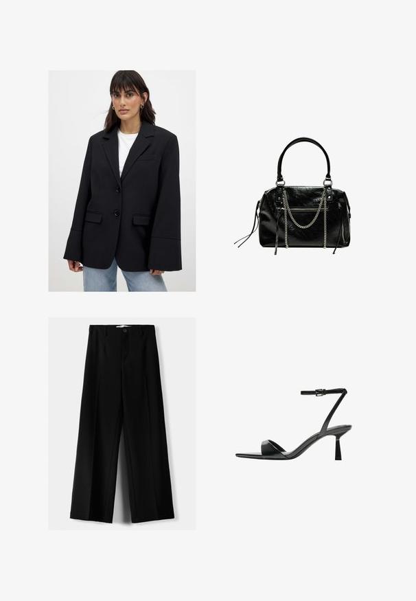 Donna che indossa un blazer nero oversize con maniche ampie sopra una maglietta bianca e jeans azzurri chiari, in piedi davanti a uno sfondo semplice.; Costume da bagno intero marrone con collo alto e spalline sottili e regolabili; presenta una gamba alta e una texture liscia. Nessun motivo o decorazione.; Pantaloni neri a gamba larga realizzati in tessuto leggero, caratterizzati da una chiusura frontale con bottone e frontale piatto, con orli cuciti con precisione.; Bershka Sandali con tacco - black; Bershka WITH CHAIN - Borsa a mano - black