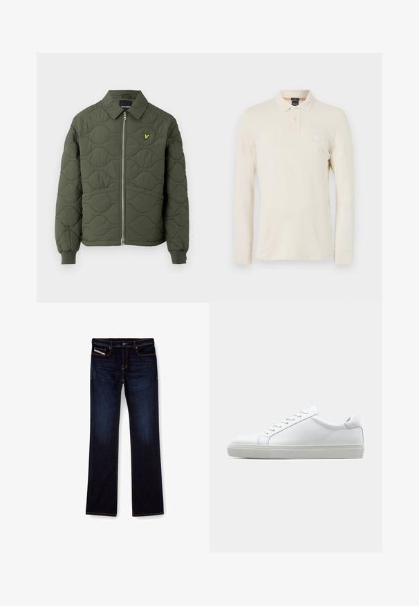 Olivengrøn quiltet jakke med lynlås foran, rund krave, ribbede manchetter og lille gul logo på venstre bryst.; Langærmet polo t-shirt i lys beige, lavet af glat stof, med polo krave, to-knaps placket og et lille logo patch på brystet.; Mørkeblå denim jeans med lige ben, med orange syninger, lynlås og forlommer. Glat tekstur og standard talje.; Hvide sneakers med en glat læderoverdel og lav profil. Har en rund tå, seks snørehuller og en tekstureret gummisål.