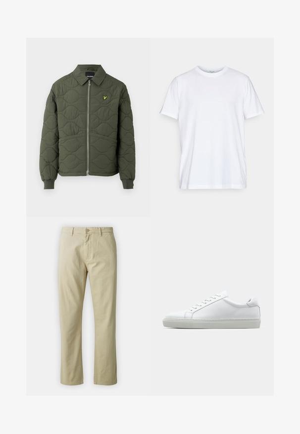 Tamsiai žalia siuvinėta striukė su užtrauktuku priekyje, apvaliu apykakliu, raštuotomis rankovėmis ir mažu geltonu logotipu kairėje krūtinės pusėje.; Balta medvilnė marškinėliai su trumpos rankovėmis, apvali iškirptė ir laisvas kirpimas. Yra minimalistinio dizaino, be raštų ar akcentų.; Bežiniai medvilniniai kelnės su tiesiais blauzdomis, priekyje su mygtukų uždarymu ir diržo kilpomis. Lygus paviršius, nėra matomų raštų ar akcentų.; Baltas sportinis batelis su lygiu odiniu paviršiumi ir žemu profiliu. Turi suapvalintą pirštą, šešis akių skyrius ir tekstūruotą gumos padą.