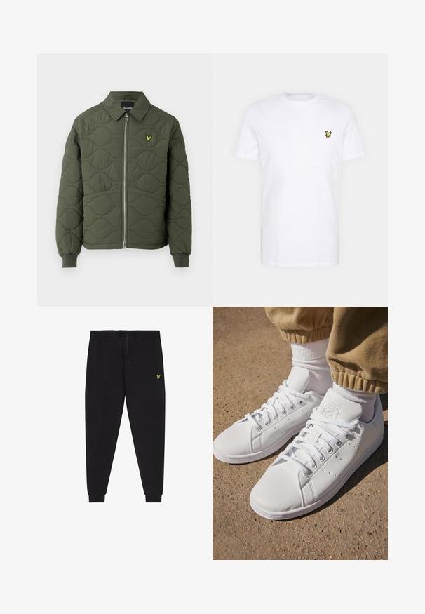 Olive green quilted jacket with a zip front, rounded collar, ribbed cuffs, and small yellow logo on the left chest.; White cotton T-shirt featuring a small black and yellow embroidered logo on the left chest. Short sleeves and a crew neckline.; Black jogger pants with elastic waistband and drawstring, tapered legs with cuffs, and small yellow embroidered logo on right thigh.; White leather sneakers with a smooth surface, featuring a classic lace-up design, perforations for breathability, and a textured rubber outsole.