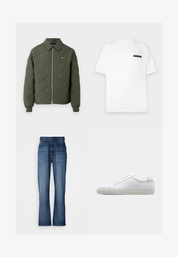 Zeleno-olivová prešívaná bunda so zipsom vpredu, zaobleným golierom, rebrovanými manžetami a malým žltým logom na ľavej hrudi.; Biele bavlnené tričko s okrúhlym výstrihom, krátkymi rukávmi a minimálnou čiernou grafikou potlačenou na hrudi. Mäkká textúra a štandardný strih.; Modré džínsy s vysokým pásom, rozšírenými nohavicami, dizajnom s piatimi vreckami a tónovaným prešívaním. Obsahujú zapínanie na gombík a nitované vrecká.; Biele tenisky s hladkým koženým zvrškom a nízkym profilom. Majú zaoblenú špičku, šesť očiek a štruktúrovanú gumovú podrážku.