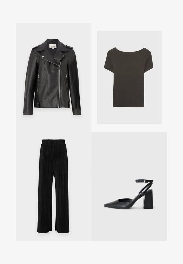 Giacca da moto in pelle nera con colletto a ferretto, zip frontale asimmetrica e tasche laterali. Presenta hardware argentato e finitura testurizzata.; Top corto grigio scuro con scollatura a barca. Realizzato in tessuto a costine, presenta una vestibilità rilassata e un orlo pulito. Design semplice, senza motivi.; Pantaloni neri a plissé con vita elasticizzata. Presentano gamba ampia e un tessuto liscio e texture con strisce verticali.; Pump in pelle nera con punta affusolata, cinturino alla caviglia e tacco spesso. Texture piatta, design elegante ed estetica minimalista.