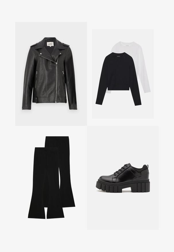 Black leather motorcycle jacket with a notched collar, asymmetrical zip front, and side pockets. Features silver hardware and textured finish.; Two long-sleeved shirts: one black and one white. Both feature a crew neck, raglan sleeves, and a soft cotton blend fabric.; Black flared pants made of stretch fabric, featuring a high waistband and a smooth texture, with a fitted design that flares from the knee.; Black leather platform shoes with a chunky block heel, round toe, and traditional lace-up design. Features smooth texture and minimal detailing.