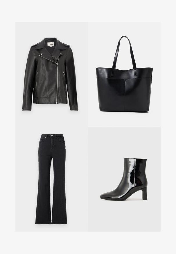 Fekete bőr motoros dzseki, nyakkivágással, aszimmetrikus cipzárral elöl és oldalzsebekkel. Ezüst színű kiegészítők és texturált felület jellemzi.; Fehér pamut póló rövid puffos ujjakkal, a ujjain kicsi ezüst díszítések találhatók. Klasszikus kerek nyakú, laza fazonú.; Fekete, magas derékkal készült farmernadrág, harangszárú, elülső gombbal és öt zsebbel, sima fehér háttér előtt.; Fekete lakk bőrcipő bokáig érő, hegyes orral és közepes magasságú tömbsarokkal. Simább textúrával és minimalista dizájnnal rendelkezik.; Fekete bőr bevásárlótáska két hosszú fogantyúval, sima felülettel és strukturált formával. Elülső zseb található rajta a plusz tárolás érdekében.