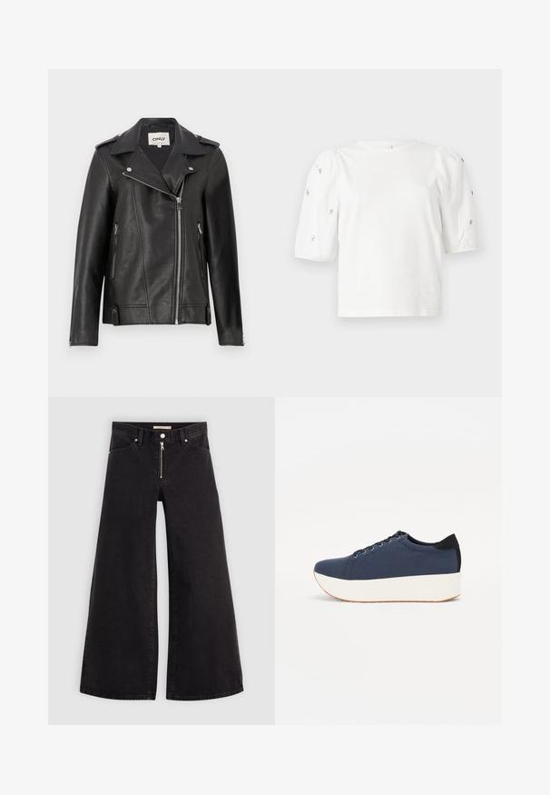 Jachetă de motocicletă din piele neagră, cu guler tăiat, fermoar asimetric în față și buzunare laterale. Prezintă accesorii argintii și un finisaj texturat.; Tricou alb din bumbac cu mâneci scurte tip bufantă, având mici embellisheuri argintii pe mâneci. Decolteu clasic rotund, croială lejeră.; Jeans cu picioare largi din denim negru, cu fermoar în față, design cu cinci buzunare și detalii subtile de cusătură. Textură netedă și stil casual.; Sneaker albastru închis, cu un material texturat pe partea superioară, talpă platformă albă, vârf rotunjit și accent de călcâi negru. Dispune de șase găuri pentru șireturi.