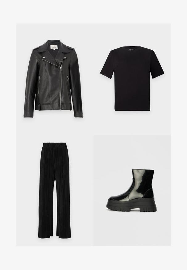Sort lædermotorcykeljakke med klippet krave, asymmetrisk lynlåsfortil og sidelommer. Har sølvfarvede detaljer og tekstureret overflade.; Sort kortærmet t-shirt med rund halsudskæring, lavet af blødt bomuldsstof. Enkel design, ingen synlige logoer eller mønstre.; Sorte plisserede bukser med elastisk talje. Har brede ben og et glat, tekstureret stof med lodrette striber.; Sort, blanklækkert ankelstøvle med tyk sål og rund tå, set fra siden på en ensartet lys grå baggrund.
