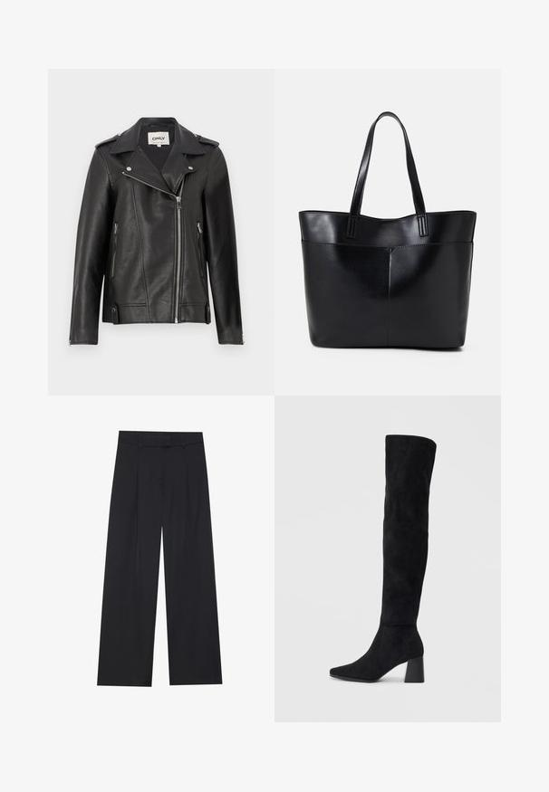 Fekete bőr motoros dzseki, nyakkivágással, aszimmetrikus cipzárral elöl és oldalzsebekkel. Ezüst színű kiegészítők és texturált felület jellemzi.; Fekete, hosszú ujjú felső, harang alakú mandzsettákkal, puha textúrával és laza szabással, egyszerű, kerek nyakkivágással.; Fekete, széles lábú nadrág sima textúrával, két elülső redővel, derékpánttal, és látható fém alkatrészek vagy zsebek nélkül.; Fekete nubuk térd fölé érő csizma, tömbsarokkal, hegyes orral és sima, varrat nélküli dizájnnal, világos háttérrel.; Fekete bőr bevásárlótáska két hosszú fogantyúval, sima felülettel és strukturált formával. Elülső zseb található rajta a plusz tárolás érdekében.
