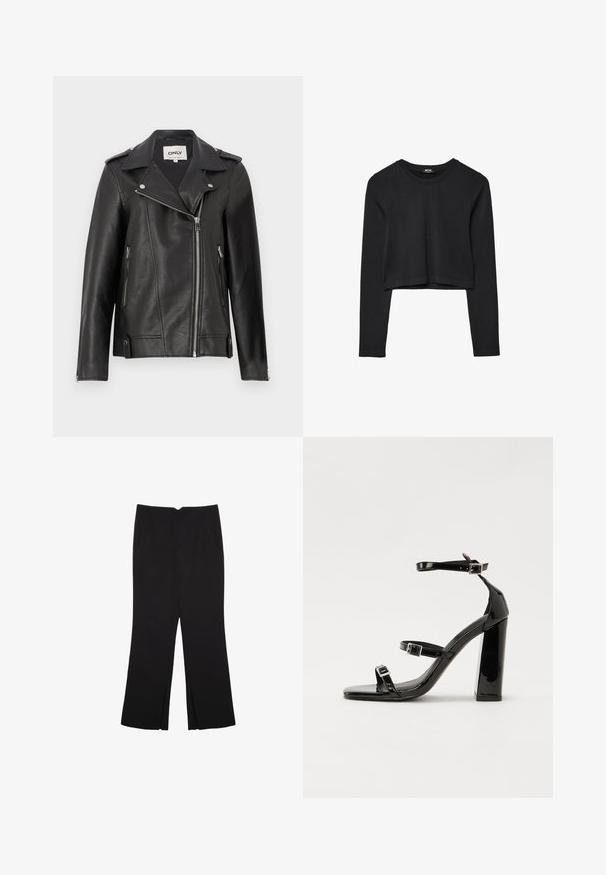 Černá kožená motocyklová bunda s klopovým límcem, asymetrickým zipem vpředu a bočními kapsami. Má stříbrné kování a texturovaný povrch.; Černý dlouhý rukáv cropped top s kulatým výstřihem, jednoduchý design a mírně zaoblený lem.; Černé kalhoty s rovným střihem, s předními kapsami a bočními rozparky na lemu. Vyrobené z jemné, hladké tkaniny. Vhodné na různé příležitosti.; Černé lakované sandály na vysokém podpatku se dvěma pásky se sponami, čtvercovou špičkou a robustním blokovým podpatkem, s hladkou, lesklou texturou.