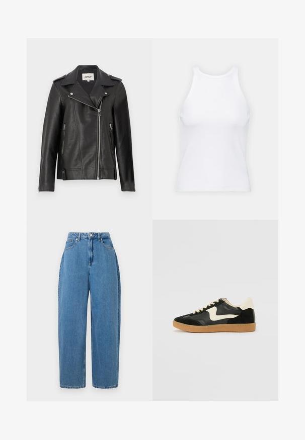 Zwarte leren motorjack met een gesneden kraag, asymmetrische ritssluiting aan de voorkant en zijzakken. Kenmerkt zich door zilveren hardware en een gestructureerde afwerking.; Witte mouwloze tanktop van ribstof, met een ronde halslijn en een aansluitende pasvorm, met minimale naden en zonder versieringen.; Lichtblauwe denim broek met een recht gesneden fit, hoge taille en voorste knoopsluiting. Heeft vijf zakken en minimale stikdetails.; Zwarte suède en leren sneaker met een crèmekleurige zij-swoosh en lichte crèmekleurige hiel. Voorzien van beige veters en een gumrubberen zool.