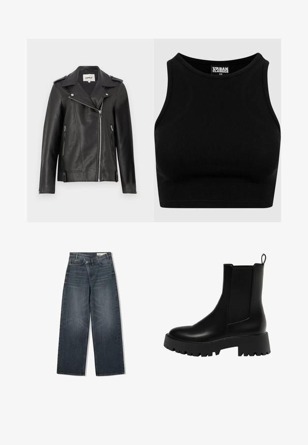 Jachetă de motocicletă din piele neagră, cu guler tăiat, fermoar asimetric în față și buzunare laterale. Prezintă accesorii argintii și un finisaj texturat.; Top cropt de culoare neagră, cu textură rib-altă, guler rotund și fără mâneci. Fabricat dintr-un material elastic, texturat. Eticheta indică "Urban Classics."; Jeans din denim decolorat închis, cu un design cu picioare largi, dispune de talie înaltă, cinci buzunare și detalii subtile de uzură pe față.; Boots negri de piele, până la glezna, cu un panou lateral texturat, vârf rotund și talpă platformă groasă cu un model de prindere în zigzag.
