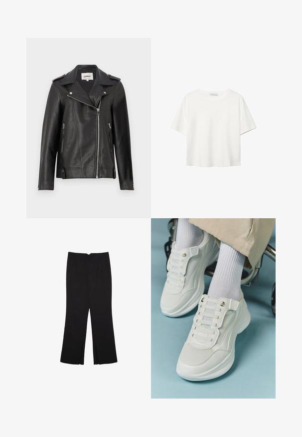 Črna usnjena motoristična jakna z izrezanim ovratnikom, asimetrično zadrgo spredaj in stranskimi žepi. Ima srebrne kovinske dodatke in teksturirano površino.; Bela kratka majica s kratkimi rokavi iz bombaža. Ima okroglo izrezovanje in sproščen kroj. Gladka tekstura brez vidnih vzorcev ali poudarkov.; Črne hlače ravnega kroja z naglavnimi žepi in stranskimi razporki na robu. Narejene iz mehke, gladke tkanine. Primerne za različne priložnosti.; Bele teniske z mrežastim materialom, gumene podplate, brez vezalk, z elastikami in zlatimi akcenti.