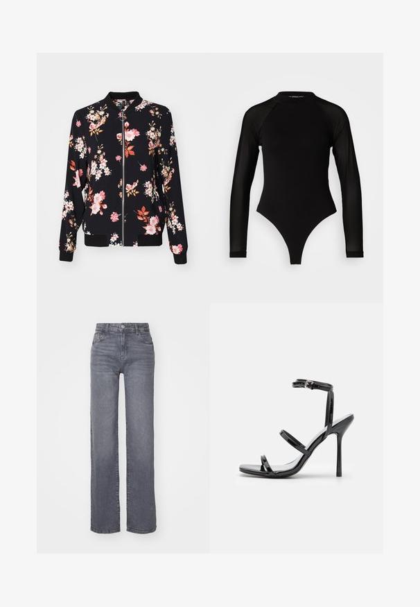 Bomber bunda v čiernej tkanine s kvetinovým vzorom, ktorý obsahuje ružové, biele a oranžové kvety; rebrované manžety, golier a pás; predné zapínanie na zips.; Čierny dlhý rukáv body s vysokým golierom, s pevným látkovým trupom a priehľadnými sieťovinovými rukávmi, navrhnuté v priliehavom strihu.; Šedé široké džíny vyrobené z denimu s hladkou textúrou, s gombíkom a zipsom na zapínanie a piatimi vreckami.; Čierne lakované kožené sandále na vysokom opätku s tromi vodorovnými pruhmi a nastaviteľným popruhom okolo členku. Elegantný silueta a lesklý povrch.