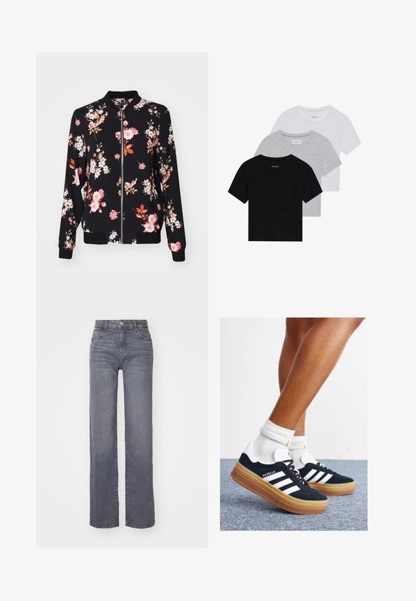 Bomberjack in zwarte stof met een bloemmotief waarin roze, witte en oranje bloemen zijn weergegeven; geribbelde manchetten, kraag en tailleband; voor sluiting met rits.; Set van drie korte mouwen t-shirts in zwart, grijs en wit. Gemaakt van katoen, met een ronde hals en een eenvoudig, effen kleurontwerp.; Grijze wijde spijkerbroek van denim met een gladde textuur, voorzien van een knoop- en ritsluiting en vijf zakken.; Zwarte suède sneakers met witte strepen en accenten, ronde neus, gum rubberen buitenzool, gecombineerd met witte geribbelde crewkousen.