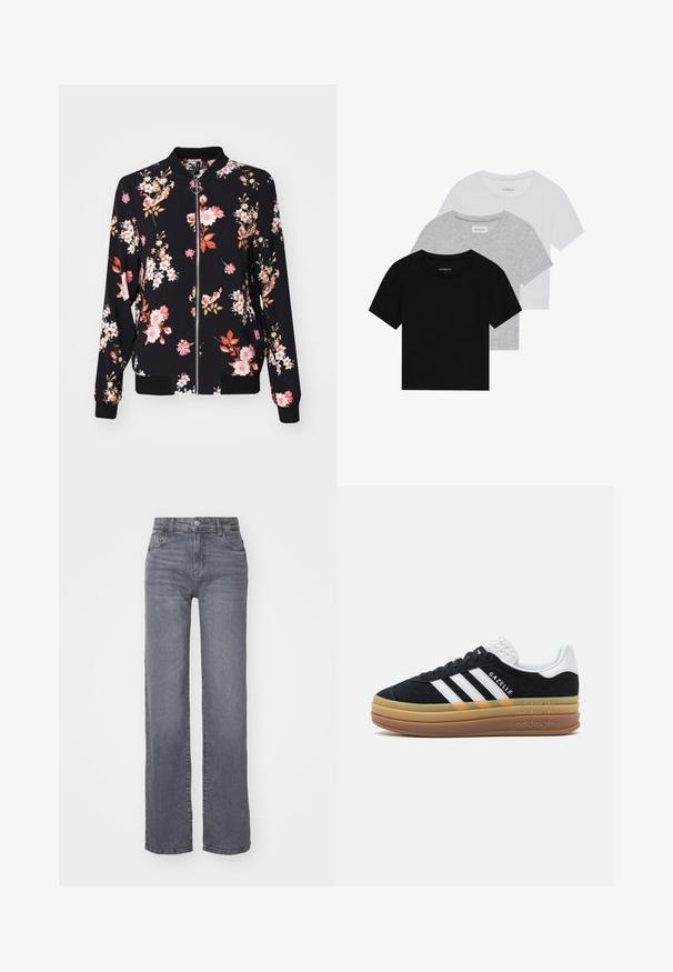 Giubbotto bomber in tessuto nero con motivo floreale caratterizzato da fiori rosa, bianchi e arancioni; polsini, colletto e vita a costine; chiusura frontale con zip.; Set di tre t-shirt a maniche corte in nero, grigio e bianco. Realizzate in cotone, presentano un collo a giro e un design semplice in un colore solido.; Jeans grigi ampi realizzati in denim con una finitura liscia, dotati di chiusura con bottone e zip, e cinque tasche.; Sneaker in suede nera con dettagli bianchi e tre strisce, dotata di un tallone bianco testurizzato, suola in gomma e branding "Gazelle".