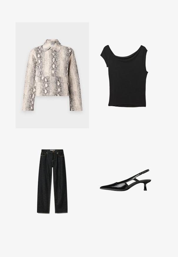 Kort jakke i beige og sort slangeskindsprint. Har krave, lynlås foran og to forlommer. Struktureret stof.; Sort kortærmet top lavet af glat stof; har en draperet halsudskæring og en asymmetrisk kant, med en tætsiddende pasform.; Mørke denim jeans med lige snit, messingknaplukning og kontrasterende gul syninger. Har fem lommer og et klassisk fit.; Sorte patentlæder slingback hæle med spids tå, udskåret sideskærm og en lille firkantet hæl. Glat tekstur med minimale detaljer.