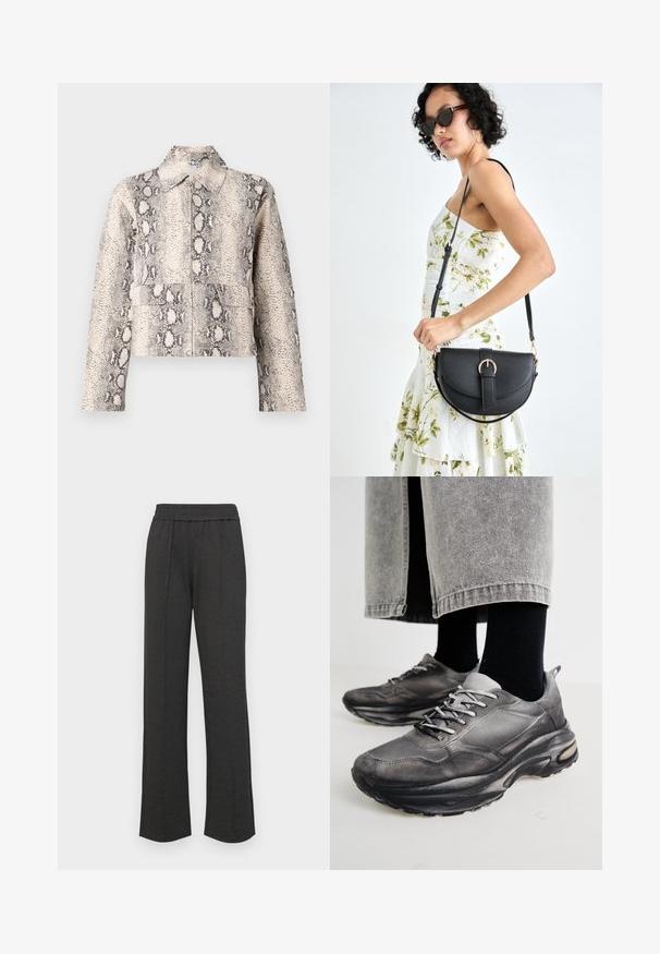 Cropped jacket in beige and black snake print. Features a collar, front zip closure, and two front pockets. Textured fabric.; Black short-sleeve t-shirt made of cotton. Features a round neck, relaxed fit, and clean hem with no visible patterns or hardware.; Black straight-leg pants with an elastic waistband, front pleats, soft fabric, and no visible patterns or hardware details.; Black and gray athletic shoes feature a mesh upper, thick soles, and laces. They have a rounded toe and visible cushioning detail.; Black leather handbag with a curved shape, detachable strap, and gold hardware. The bag features a flap with a buckle detail.