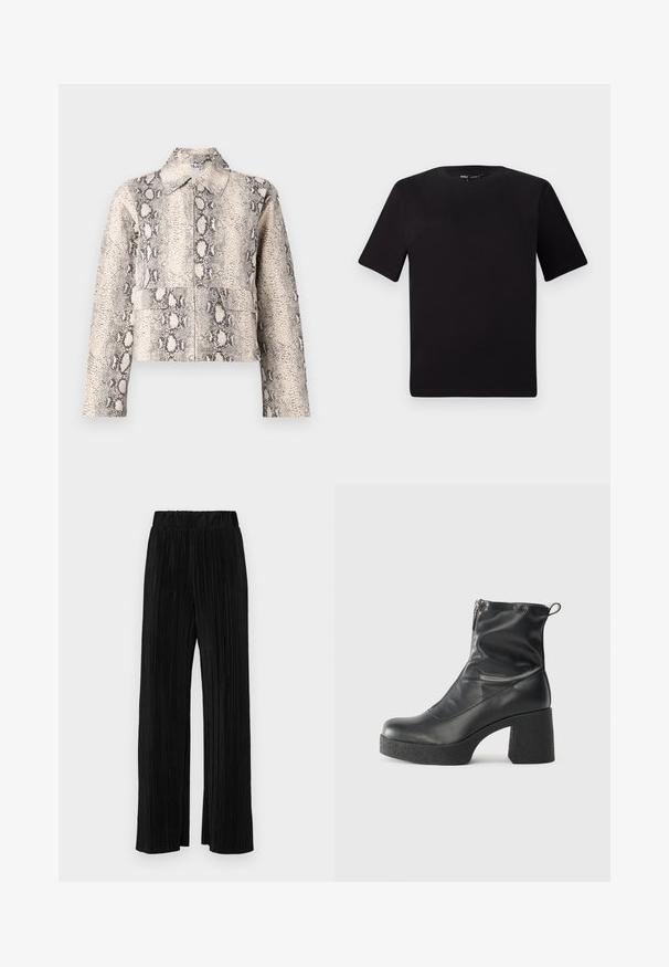 Cropped jacket in beige and black snake print. Features a collar, front zip closure, and two front pockets. Textured fabric.; Black short-sleeve t-shirt with a round neckline, crafted from soft cotton fabric. Simple design, no visible logos or patterns.; Black pleated trousers with an elastic waistband. Features wide legs and a smooth, textured fabric with vertical stripes.; Black ankle boots made of smooth leather, featuring a side zipper, chunky textured heel, and rounded toe design.
