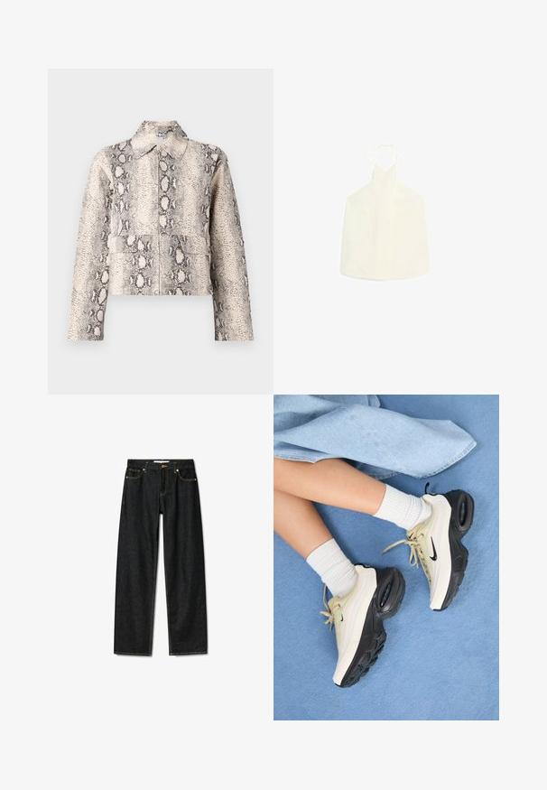 Avskuren jacka i beige och svart ormskinna mönster. Har en krage, dragkedja fram och två framfickor. Texturerad tyg.; Vit halterneck-top med V-formad halsringning, knytning i ryggen och ett slätt, lätt strukturerat tyg utan dekorationer.; Mörka denimjeans med rak passform, knappstängning i brons och kontrasterande gula sömmar. Har fem fickor och en klassisk passform.; Nike Air Max-sneakers har en design i beige och svart, med en slät ovandel, synlig luftkuddsdämpning och platta gummisåler.