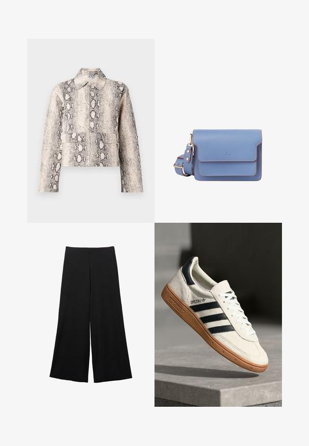Gekürzte Jacke im beigen und schwarzen Schlangenprint. Verfügt über einen Kragen, einen Reißverschluss vorne und zwei Vordertaschen. Strukturierter Stoff.; Schwarzes Kurzarm-T-Shirt aus Baumwolle. Verfügt über einen Rundhalsausschnitt und einen lockeren Schnitt mit glatter Textur. Keine sichtbaren Muster oder Akzente.; Schwarze, weit geschnittene Hosen aus einem weichen Stoff. Mit hoher Taille und glatter Textur, ohne sichtbare Muster oder Akzente.; Weiße Wildleder-Sneaker mit marineblauen Streifen, Gummisohle, strukturiertem Obermaterial, runder Zehenform und Schnürung; mit Branding an der Seite und auf der Zunge.; Blaues Leder-Umhängetasche mit glatter Textur, rechteckiger Form, kontrastierenden orangen Nähten und einer Klappenverschluss. Verstellbarer Riemen inklusive.