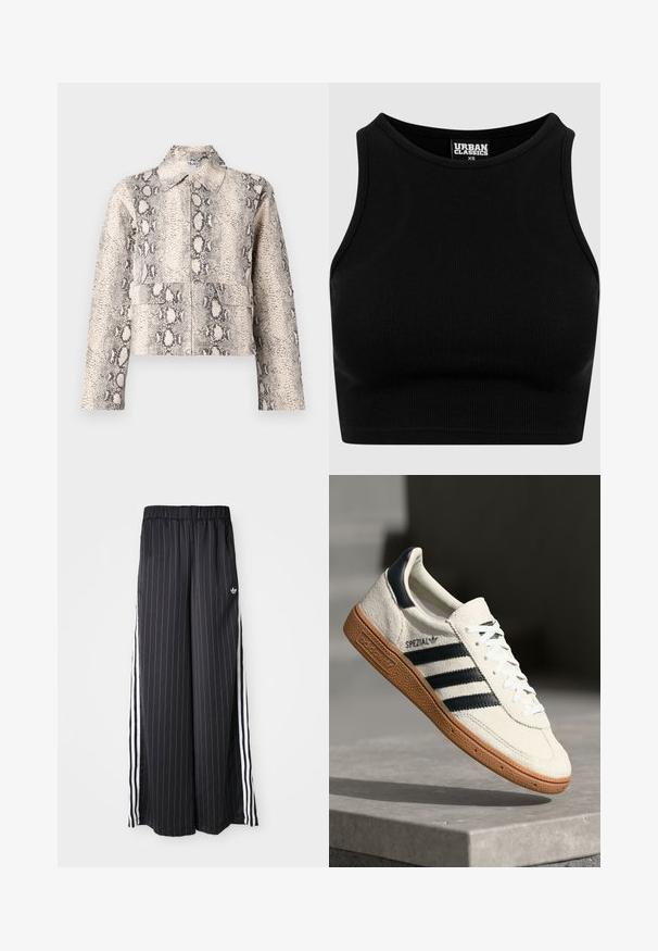 Korte jas in beige en zwart slangenprint. Bevat een kraag, een rits aan de voorkant en twee zakken aan de voorkant. Textuurstof.; Zwarte geribbelde cropped top met een ronde hals en mouwloos ontwerp. Gemaakt van een rekbare, textuurrijke stof. Label zegt "Urban Classics."; Zwarte wijde broek met verticale witte strepen, elastische tailleband en drie witte strepen aan de zijkant. Adidas-logo aan de voorkant.; Witte suède sneakers met marineblauwe strepen, rubberen gumzool, gestructureerde bovenkant, ronde neus en veters; heeft branding aan de zijkant en op de tong.