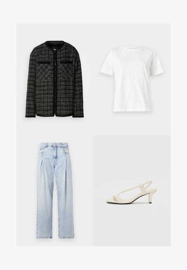 Sort og hvid tweedjakke med rund halsudskæring, to forlommer og et struktureret ternet mønster. Åben frontdesign med lange ærmer.; Hvid bomulds t-shirt med korte ærmer, rund halsudskæring og en afslappet pasform. Glat tekstur, ingen mønstre eller accenter, minimalistisk design.; Lyseblå denim jeans med høj talje, bred benåbning, to sidelommer og plisseret design. Blød tekstur med et falmet finish.; Beige blokhælede sandaler med tynde remme og en firkantet tå. Glat materiale med minimal detaljering, designet til nem brug.