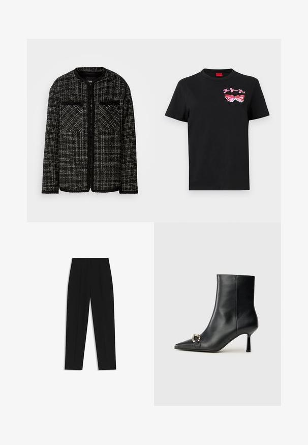 Zwart-witte tweedjas met een ronde halslijn, twee voorzakken en een gestructureerd ruitpatroon. Open voorkant en lange mouwen.; Zwarte katoenen t-shirt met korte mouwen, featuring een roze grafiek van een zonnebril en de tekst "Not Your Girl" op de linkerborst.; Zwarte broeken met een rechte pasvorm, voorzien van dubbele plooien, een zachte textuur en een klassiek taillebandontwerp. Geen zichtbare hardware of accenten.; Zwarte leren enkelboot met spitse neus, slanke middenhoge hak en zilveren gespdetail aan de zijkant op een effen achtergrond.