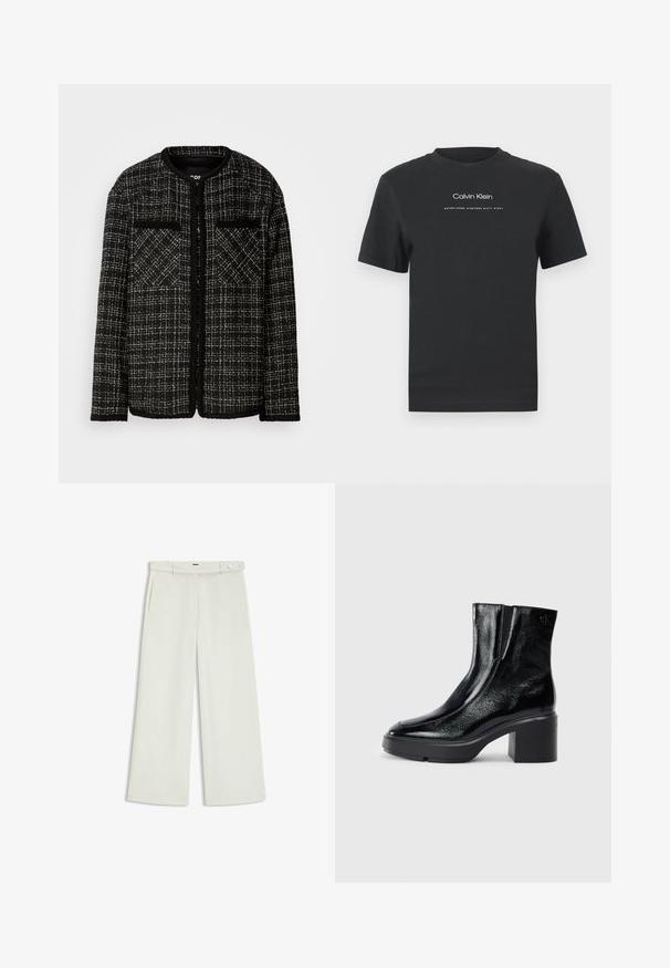 Mustan ja valkoisen tweed-materialin takki pyöreällä kaula-aukolla, jossa on kaksi etutaskua ja teksturoitu ruutukuvio. Avoin malli pitkillä hihoilla.; Musta puuvillainen T-paita, jossa on pyöreä pääntie, lyhyet hihat ja valkoinen painettu "Calvin Klein" -logo sekä "Established 1968" -teksti.; Housut leveillä lahkeilla vaalean kermaisessa kankaassa, jossa on sivutaskut, litteä etuosa ja yksi nappikiinnitys vyötäröllä. Silkkinen pinta.; Musta patentoitu nahkasaappaat nilkkoihin, joissa on kaareva kärki, joustavat sivupaneelit ja paksu lohkoilut. Takana on kohokuvioitu logo.
