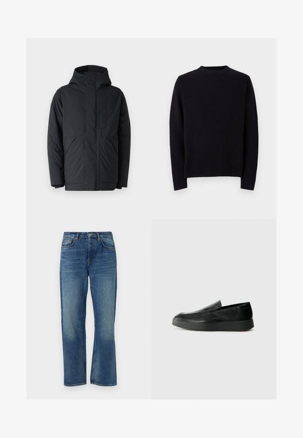 Schwarze gefütterte Jacke mit Kapuze, mit einem Reißverschluss vorne, zwei großen Seitentaschen und einer Brusttasche. Glatte Textur und modernes Design.; Schwarzer gestrickter Pullover mit langen Ärmeln, rundem, geripptem Ausschnitt und geradem Schnitt. Glatte Textur ohne sichtbare Muster oder Akzente.; Blaue Jeans aus Denim mit geradem Schnitt, klassischem Fünf-Taschen-Design, verwaschenem Textur und Kupfennieten.; Calvin Klein HYBRID CUP - Slipper - triple black