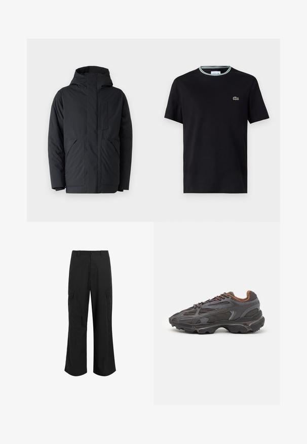 Sort polstret jakke med hætte, med lynlås foran, to store sidelommer og en brystlomme. Glat tekstur og moderne design.; Sort bomulds t-shirt med rund hals, der har en hvid og grøn stribet kant, samt et broderet grønt krokodille-logo på venstre bryst.; Sorte cargo bukser lavet af letvægtsstof, med en afslappet pasform, to store sidelommer og en knaplukning.; Lacoste sneakers i mørkegrå med mesh og syntetisk materiale, udstyret med en tekstureret sål og brune accenter på kraven og brandingen.