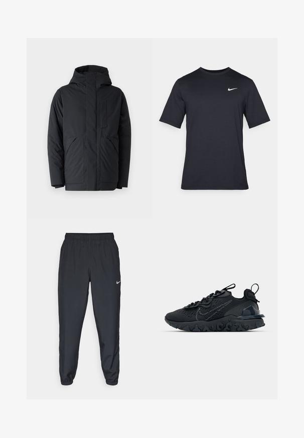 Black padded jacket with a hood, featuring a zip front, two large side pockets, and a chest pocket. Smooth texture and modern design.; Black short-sleeve Nike t-shirt made of smooth fabric, featuring a white swoosh logo on the upper left side, crew neckline.; Black track pants made from lightweight fabric with an elastic waistband, ankle cuffs, and a discreet Nike logo on the left side.; Black athletic shoe with a breathable mesh upper, textured accents, and a wavy rubber sole. Features reflective logo and lacing system.