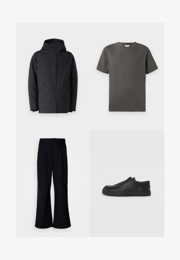 Veste rembourrée noire avec capuche, dotée d'une fermeture éclair à l'avant, de deux grandes poches latérales et d'une poche poitrine. Texture lisse et design moderne.; T-shirt en coton gris avec un col rond et des manches courtes. Présente un petit logo discret à l'avant. Texture lisse et coupe classique.; Pantalons larges noirs en coton avec un pli à l'avant, présentant une fermeture à bouton et des passants de ceinture, texture lisse et sans motifs visibles.; Chaussure noire en cuir à enfiler avec un bout arrondi, des détails cousus et une semelle en caoutchouc noire. Texture lisse avec un design minimaliste.