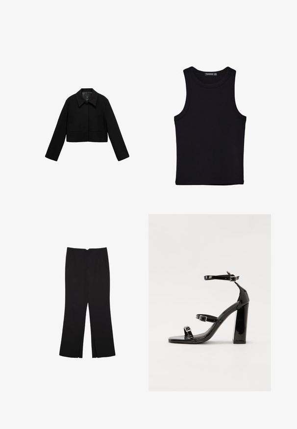 Mango Leichte Jacke - black; Schwarzes Tanktop aus Baumwolle mit rundem Halsausschnitt und weiten Armöffnungen. Glatte Textur mit genähten Säumen. Klassisches, minimalistisches Design.; Schwarze Hose mit geradem Schnitt, ausgestattet mit Fronttaschen und Seitenschlitzen am Saum. Hergestellt aus weichem, glattem Stoff. Geeignet für verschiedene Anlässe.; Schwarze patentierte Sandalen mit Absatz, quadratischer Spitze, Knöchelriemen und silbernen Schnallen. Mit einem stabilen Blockabsatz für mehr Stabilität.