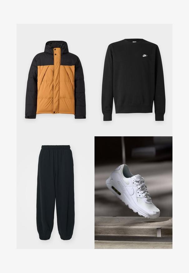 Black and brown padded winter jacket with hood, front zipper covered by buttoned flap, and angled side pockets.; Black sweatshirt made of cotton, featuring a round neck, long sleeves, and a small white Nike logo on the upper left chest.; Black, elasticated-waist sweatpants with a loose fit, cuffed ankles, smooth texture, and no visible patterns or hardware accents.; White Nike Air Max 90 sneaker featuring a mesh and leather upper, perforated toe box, and a visible air unit in the heel.