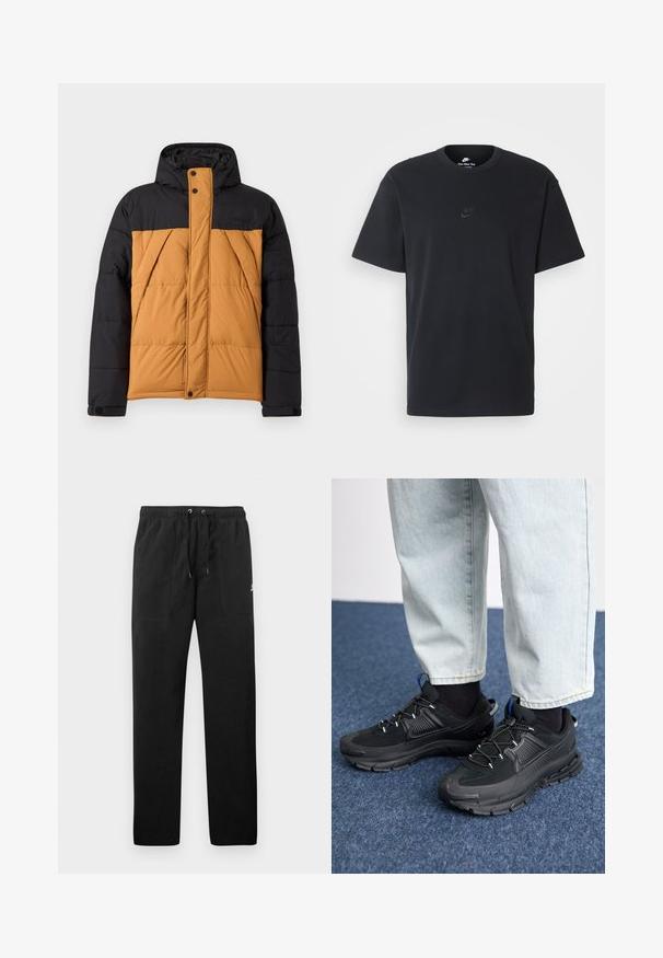 Casaco de inverno acolchoado preto e castanho com capuz, fecho frontal coberto por uma aba com botões e bolsos laterais inclinados.; T-shirt de algodão preto da Nike com um clássico decote redondo, mangas curtas e um logótipo em relevo discreto no peito. Textura suave.; Calças de fato de treino pretas feitas de polar, com uma cintura elástica e cordões, dois bolsos frontais e um pequeno logótipo na coxa.; Sapatilhas desportivas pretas com tecido texturizado e solas em borracha, apresentando atacadores elásticos e um detalhe azul no calcanhar. Usadas com calças de ganga claras.