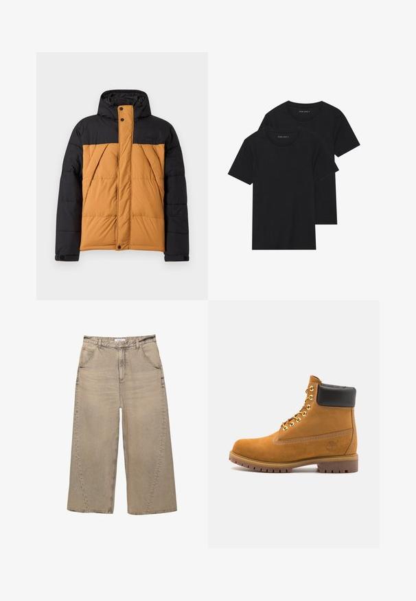 Czarna i brązowa ocieplana kurtka zimowa z kapturem, zamek błyskawiczny z przodu przykryty klapą na guziki oraz ukośnymi kieszeniami bocznymi.; Dwie czarne bawełniane koszulki z krótkimi rękawami, okrągłymi dekoltami i gładką fakturą, wyeksponowane ułożone jedna na drugiej.; PULL&BEAR - Jeansy baggy; Beżowe zamszowe botki sięgające kostki z czarną wyściełaną krawędzią, złotymi oczkami, białymi detalami szycia oraz wytrzymałą gumową podeszwą z wyraźnym bieżnikiem.