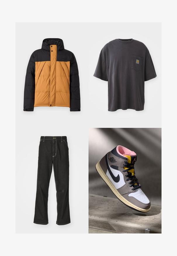 Jachetă de iarnă căptușită, neagră și maro, cu glugă, fermoar frontal acoperit de un clapetă cu nasturi și buzunare laterale înclinate.; Tricou negru din bumbac cu mâneci scurte, guler rotund și un buzunar pe piept stâng care prezintă un patch logo pătrat. Design simplu și fără decorațiuni.; Jeans negri din denim, cu o croială largă, cu cusături albe contrastante, închidere cu nasture și un design cu picior drept.; Sneaker Nike Air Jordan de tip high-top, alb, gri și negru, cu interior roz și limbă galbenă, amplasat pe o suprafață din beton.