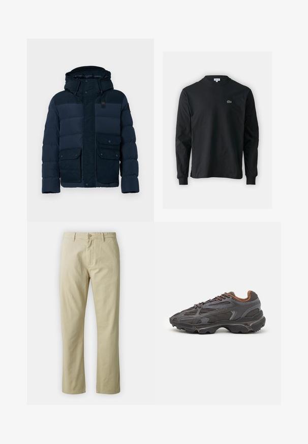 Mørkeblå teddyjakke med hætte, med lynlås og knaplukning, fremtrædende vandrette quiltede sektioner og to forreste lommer.; Sort langærmet t-shirt lavet af bomuld, med rund halsudskæring og et lille grønt broderet krokodillelogo på venstre bryst.; Beige bomuldsbukser med lige ben-design, frontlukning med knap og bæltestropper. Glat tekstur, ingen synlige mønstre eller accenter.; Lacoste sneakers i mørkegrå med mesh og syntetisk materiale, udstyret med en tekstureret sål og brune accenter på kraven og brandingen.