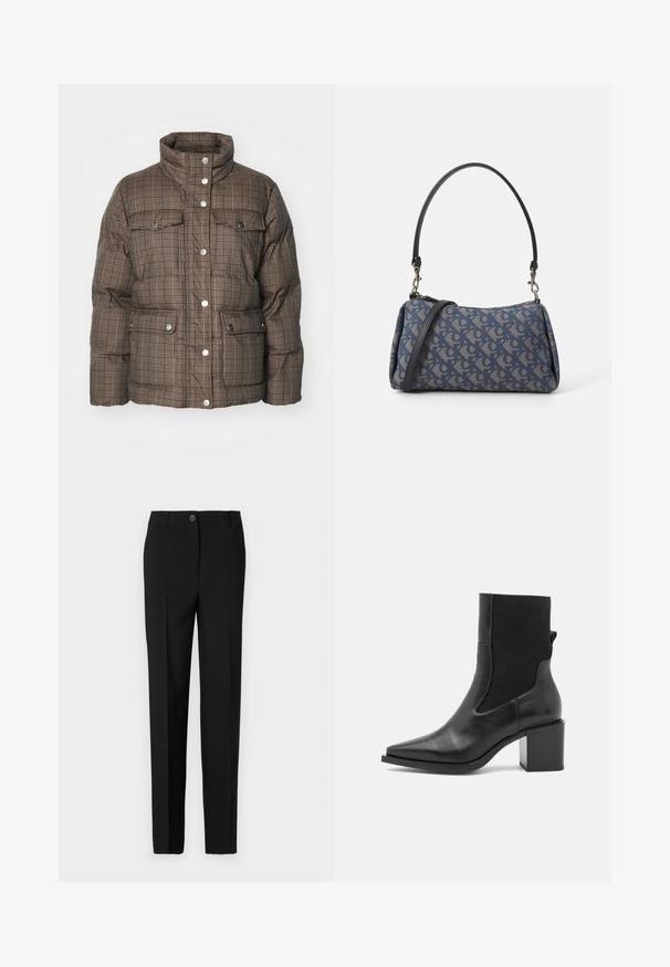 Brown plaid puffer jacket with high collar, snap buttons, and two front pockets. Features a quilted texture and soft padded material.; Leopard print long-sleeve top with a high neckline, made of stretchy fabric. Features a tan base with brown spots. Smooth texture, fitted design.; Black tailored trousers with a straight leg design, featuring a button fastening and belt loops, made from smooth fabric.; Black ankle boot with a pointed toe, made of smooth leather and elastic fabric. Features a block heel and minimalist design.; Blue patterned handbag made of fabric, featuring a curved shape, black leather strap, and logo design in a lighter shade.