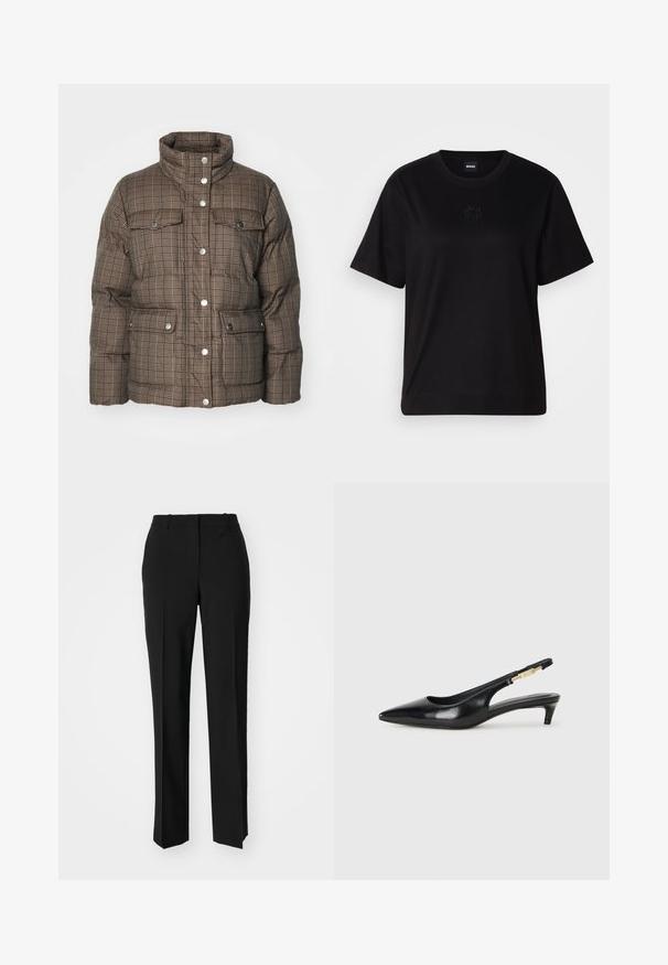 Brown plaid puffer jacket with high collar, snap buttons, and two front pockets. Features a quilted texture and soft padded material.; Black cotton t-shirt with a crew neckline, short sleeves, and an embroidered logo on the chest. Simple, relaxed fit with no patterns.; Black tailored trousers with a straight-leg design, featuring a smooth texture and crisp creases along the front. No visible hardware.; Black leather slingback heels with a pointed toe, featuring a slim heel and a gold-tone accent on the adjustable strap. Smooth texture.