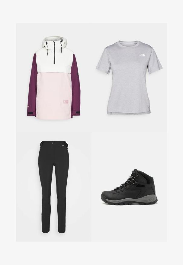Anorak jacket featuring a white top, pink middle section, and purple sleeves. Includes a hood, front zipper, and logo detail. Textured fabric.; Grey short-sleeve t-shirt made of soft, moisture-wicking fabric. Features a crew neck and a small white logo on the upper left.; Black, fitted pants made from a flexible material. Features include a zippered side pocket, articulated knees, and a smooth texture.; Black hiking boot with a mid-top design, featuring a textured upper, gray accents, and durable rubber sole with traction lugs.