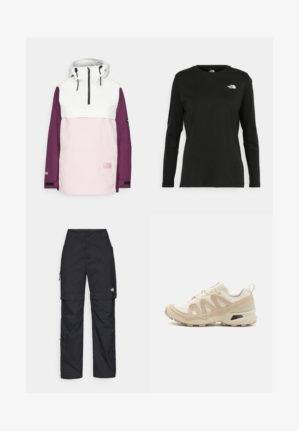 Anorak jacket featuring a white top, pink middle section, and purple sleeves. Includes a hood, front zipper, and logo detail. Textured fabric.; Black long-sleeve t-shirt made of cotton with a round neck. Features a small white logo on the left chest area. Simple design and fit.; Black nylon zip-off cargo trousers with adjustable cuffs, multiple pockets, and a logo on the right leg. Smooth, lightweight texture.; Beige and cream athletic shoe with textured mesh upper, supportive overlays, and rubber outsole featuring a tread pattern for traction.