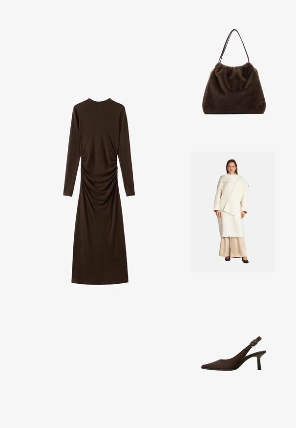 Vit ullkappa med en asymmetrisk design, vida ärmar och en stor krage. Kombinerad med beige satinpantalonger och mörka klackar.; Långärmad brun klänning i mjuk tyg, med en rynkad sidodesign. Klänningen har en hög halsringning och en figurnära siluett.; Bruna mockaskinn slingback-pump med spetsig tå, elegant design, tunn klack och ett spänne på vristremmen.; Brun päryggsäck med mjuk textur, samlad topp och två smala axelremmar. Designen har en rund form och inget synligt hårdvara.