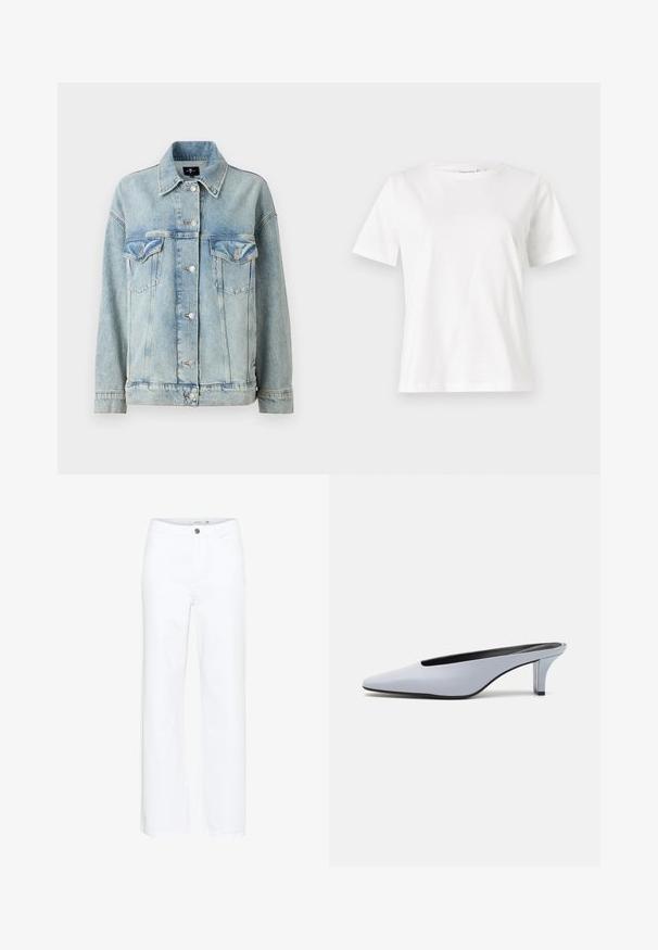 7 for all mankind OLI TRUCKER - Traper jakna - light blue; Bijela pamučna majica s kratkim rukavima, okruglim izrezom i opuštenim krojem. Glatka tekstura, bez uzoraka ili akcenata, minimalistički dizajn.; Bijele traperice širokih nogavica. Imaju zatvaranje na dugme i tradicionalni dizajn s pet džepova. Glatka tekstura s čistim završetkom.; Tamnoplava lakirana mule cipela s oštrim nosom, niskim prozirnim potpeticama i elegantnim dizajnom s izrezom na gornjem dijelu.