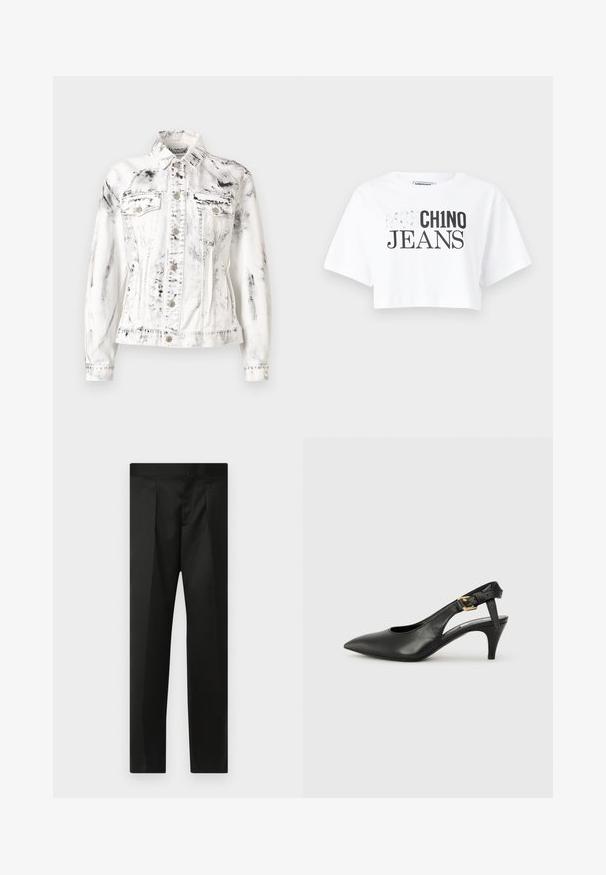Balta denim jaka ar melnajiem krāsas traipiem, ar pogu aizdari priekšpusē, divām krūšu kabatām un klasisku apkakli. Gluda tekstūra.; Balta īsā piedurkņu t-kreksa, kas rotāta ar izteiksmīgu melnu tekstu "KO CH1NO JEANS" dažādos fontu stilos un izmēros. Gluda kokvilnas auduma.; Melnas bikses ar gludu audumu, pielāgotu dizainu, taisnām kājām un platu jostu bez redzamām aizdaram vai kabatām.; Melnas ādas siksnu pumpas ar norādītu pirkstu, nelielu papēdi un sprādzes detaļu uz potītes siksnas. Gluda tekstūra, minimalistisks dizains.