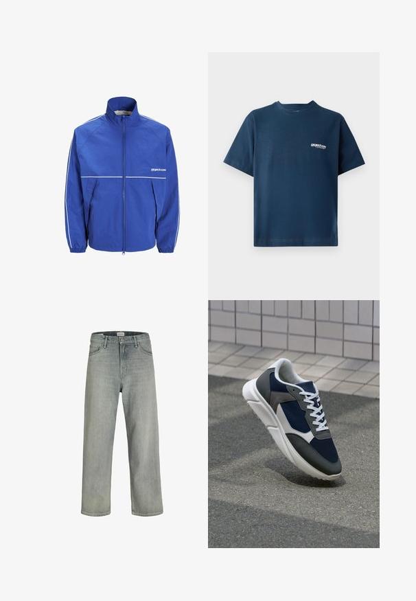 Zila vējjakas jaka ar augstu apkakli, priekšējo rāvējslēdzēju, elastīgām manžetēm, un baltām akcijām uz piedurknēm un krūtīm. Gaisīga, teksturēta auduma.; Tumši zils kokvilnas T-krekls ar īsām piedurknēm un apaļu kakla izgriezumu. Uz kreisās krūtis ir neliels balts logo. Mīksta tekstūra.; Gai pelēki, brīvi pieguļoši džinsi no denima. Iekļauj klasisku piecu kabatu dizainu, jostas cilpas un taisnu kāju siluetu.; Sporta apavi ar tumši zilas krāsas tīkla augšdaļu, pelēku zamšādas akcentiem, baltu gumijas zoli un plakaniem baltiem šņorēm, kas izstrādāti komfortam un elpojamībai.